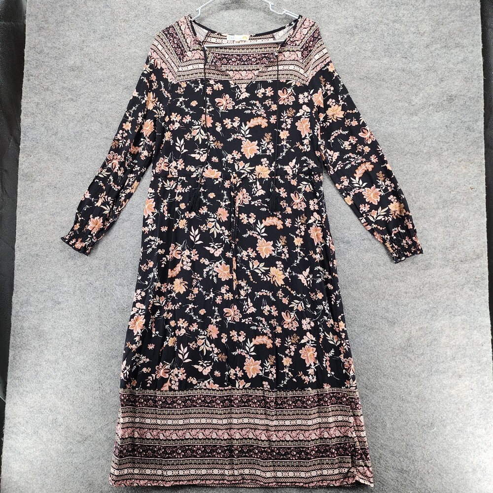 C&C California Dress Womens Small V Neck Black Floral Midi